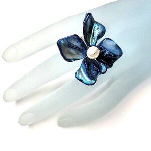 Blue Sea Shell with Freshwater Pearl Bead Asymmetric Flower Adjustable Ring